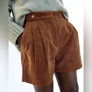 Zara Corduroy High-Waist Shorts — Brown